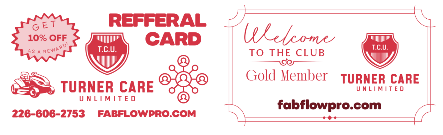 Turner Care Unlimited referral card offering 10% off as a reward, and the Gold Member welcome card, both with the T.C.U. shield logo.